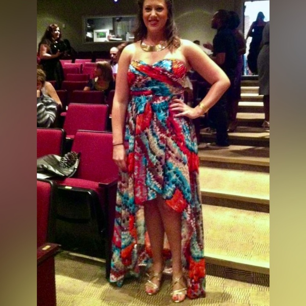 SIZE 12 Evening gown in multicolor feather print WORN ONCE